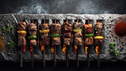 A flat lay of skewers arranged neatly across stone surface, spices sprinkled evenly around, glowing grill at edge with