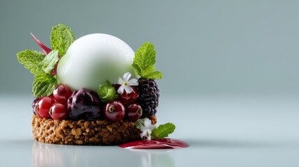 Elevated plant-based gourmet dish with molecular gastronomy foam, modern Nordic cuisine style, clean neutral background, ultra realistic 8k, copy space