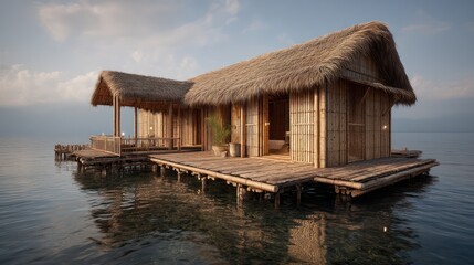 A floating bamboo stilt house exterior with woven walls thatched roofing and extended wooden decks Calm water reflects