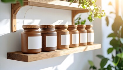 Rustic wooden jars with blank labels on a shelf bathed in warm sunlight