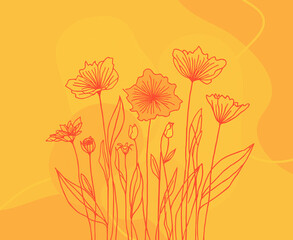 Elegant hand-drawn floral line art illustration in shades of yellow and red colours
