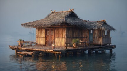 A floating bamboo stilt house exterior with woven walls thatched roofing and extended wooden decks Calm water reflects