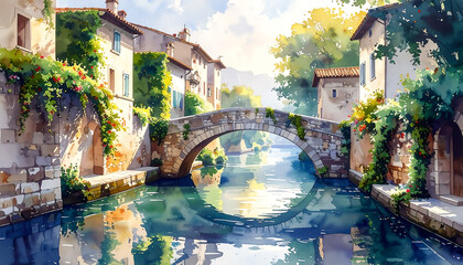 石橋と水路のある町_generated by AI