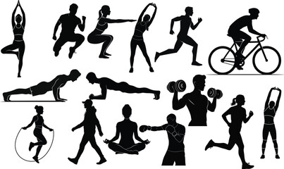 Black vector silhouettes of men and women running and playing different sports