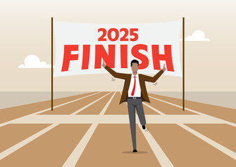 Businessman Crossing 2025 Finish Line Banner for Year-End Success