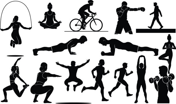 Vector silhouettes of people including a woman and men in active poses like dancing, jumping, sports, and fitness actions