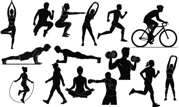 Black vector silhouettes of men and women running and playing different sports