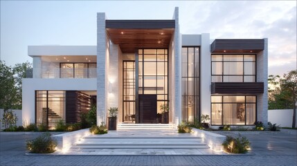 Modern luxury house exterior with glass facade clean lines landscaped entrance contemporary residential architecture
