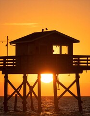 Silhouette of a Pier House with Birds at Sunset, Sun Shining Through Structure