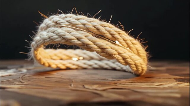 Sixteen frames show a thick, looped rope on a wooden surface, illuminated by a bulb, capturing texture and form in a studio setting.