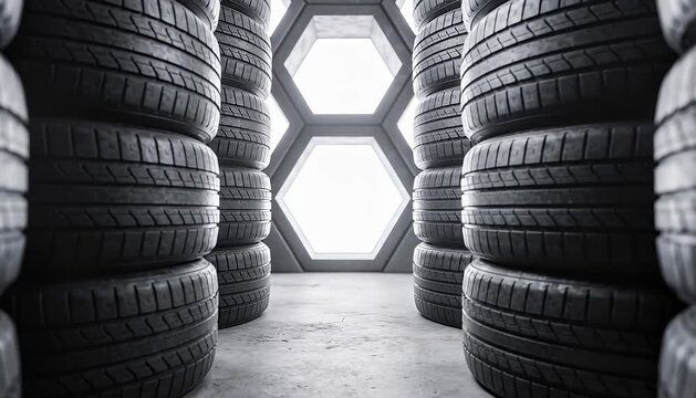 Industrial panels stacks cool warehouse setting journey through space showcasing neatly stacked, automotive vehicle, hexagonal lighting, tire wheels.
