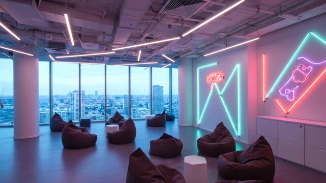 Modern Office Relaxation Zone with Neon Lights and City View.