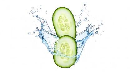 Sliced cucumbers in a refreshing water splash, isolated on a clean white background