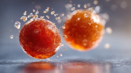 A frosted sugar sphere collides with a glossy fruit candy ball, crystalline shards suspended midair, lighting sparkling reflections, accurate
