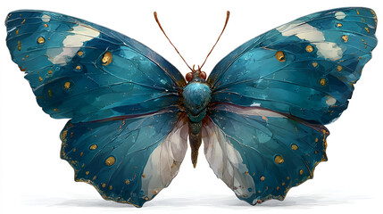 Large blue butterfly with white spots on wings spread wide on white background, detailed macro view of insect with antennae, beautiful natural creature with vibrant teal color and yellow