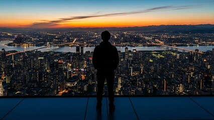 Silhouette of a lone person contemplating a vast city skyline at sunset