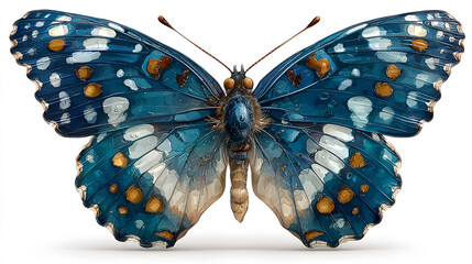 Large blue butterfly with white and orange spots on wings spread wide on white background, detailed insect photography, natural beauty, wildlife, animal