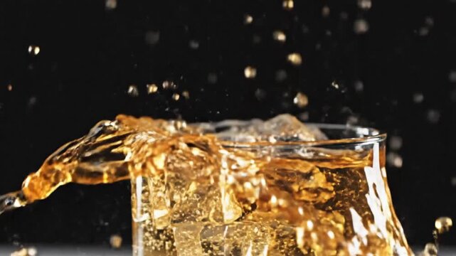 Ice cubes splashing into a glass of whiskey, creating a dynamic and refreshing beverage scene with a dark background.