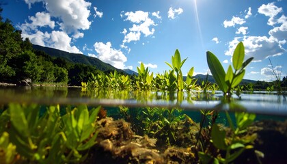 Split-Level View of Lake Plants, Mountains, and Sky with Clouds and Sun