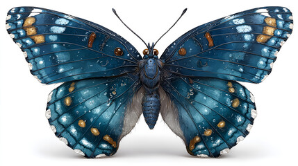 Large blue butterfly with orange and white spots on wings spread wide on white background