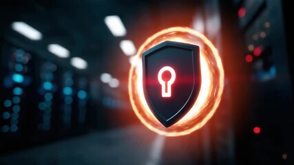 Glowing shield with keyhole symbolizes secure data protection in server room - Powered by Adobe