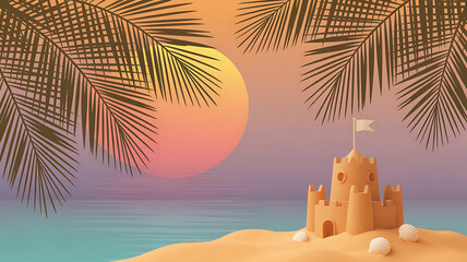 Tropical beach scene with sandcastle palm leaves and sunset on transparent background