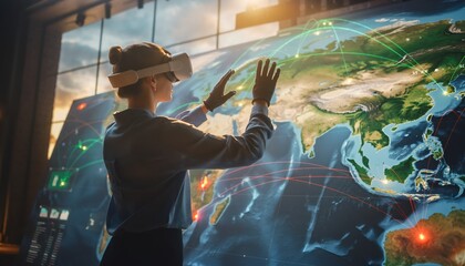 Woman Wearing VR Headset Interacting with a Large Digital World Map Display Showing Global Network Connections and Data Flow in a Futuristic Control Room
