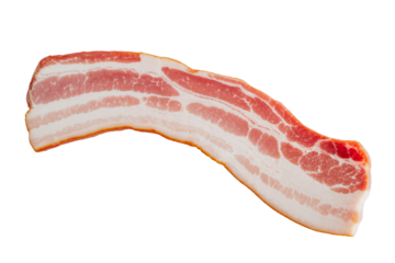  A single strip of raw bacon is displayed against a plain white background. The layers of pink meat and white fat are clearly visible in the cured pork slice.
