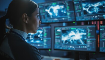 Focused Female Cybersecurity Analyst Monitoring Global Threat Data on Multiple Computer Screens in a Dark Control Room Setting