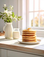 Stacked Pancakes with Syrup, Milk, and Flowers in Bright, Sunny Kitchen Setting