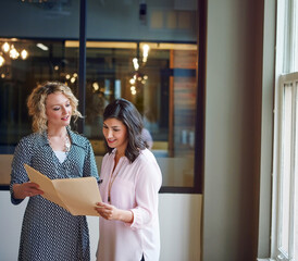 Business, people and meeting with folder in office for real estate, planning and property listing....