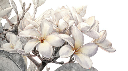 White plumeria flowers detailed botanical illustration with delicate petals and natural texture isolated on white background