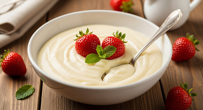 Creamy dessert with fresh strawberries - Powered by Adobe