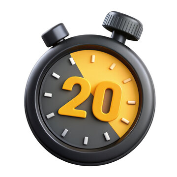3d realistic stopwatch timer showing 20 seconds isolated on transparent background