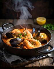 Steaming Seafood Stew in Rustic Black Pot