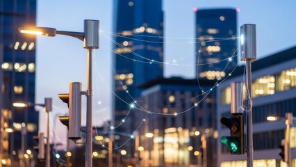Smart City Connectivity Network with Blurred Urban Skyline and Bokeh Lights