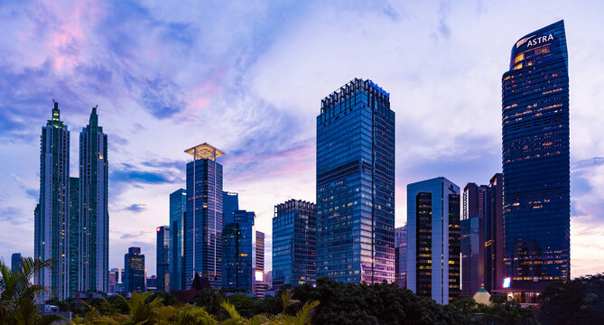 View of Jakarta's Central Business District at dusk (blue hour). Jakarta cityscape at sunset.