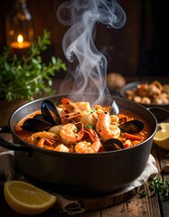 Steaming seafood stew with mussels, shrimp, and lemon on rustic wooden table
