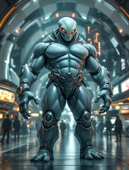 bюFuturistic Armored Being in a Bustling Corridor