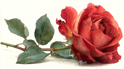 Beautiful red rose with green leaves on white background, close up, elegant floral still life, romantic symbol, fresh petals