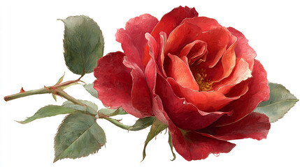 A vibrant red rose with lush green leaves on a stem against a clean white background, perfect for design and decoration