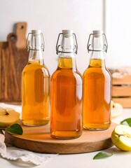 Three Glass Bottles of Apple Cider on Wooden Board with Fresh Apples