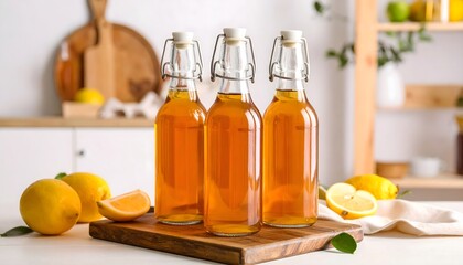 Three Bottles of Homemade Lemonade on Wooden Board with Fresh Lemons