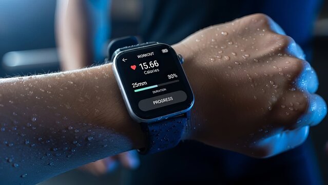 Smartwatch displaying fitness app progress on a person's wrist - Powered by Adobe