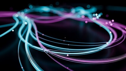 Abstract glowing blue and pink light trails against a dark background, representing technology and connectivity