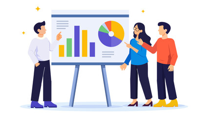 Three people collaborating on a presentation board with charts and graphs