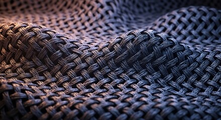 Macro shot of intricately woven dark fibers creating a textured wavy fabric surface