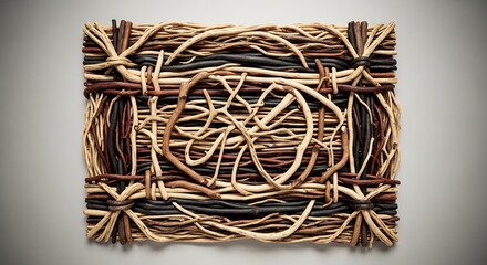 Rectangular woven artwork of natural branches twigs in lightdark brown black with corner knots central spiral on gray