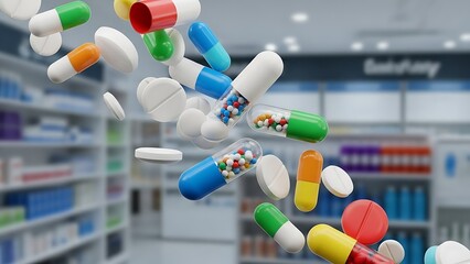 Colorful pharmaceutical pills and capsules dynamically falling and floating in a blurred modern pharmacy environment, symbolizing health, medicine, and the broad availability of therapeutic drugs