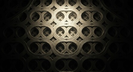 Symmetrical metallic lattice pattern with interwoven circles and crosses centrally illuminated fading into shadow